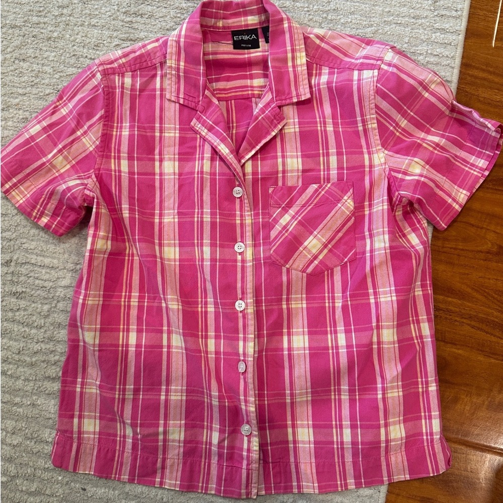 Erika Petite Pink Plaid Short Sleeve Button Down Camp Shirt Collared Top